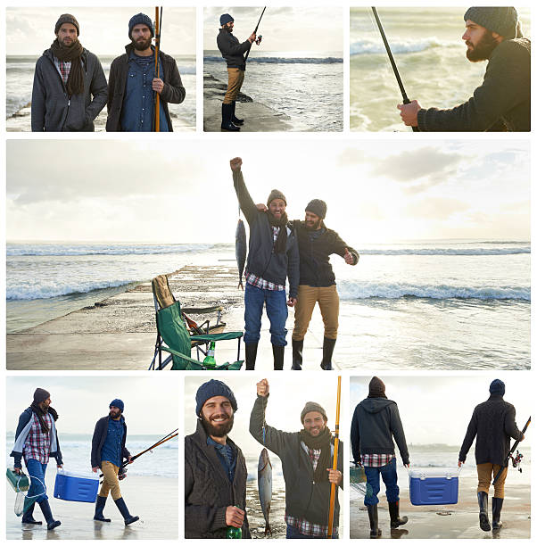 Composite image of two men enjoying a day fishing at the ocean