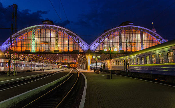 Passenger platform at night on railway station in Lviv, Ukraine