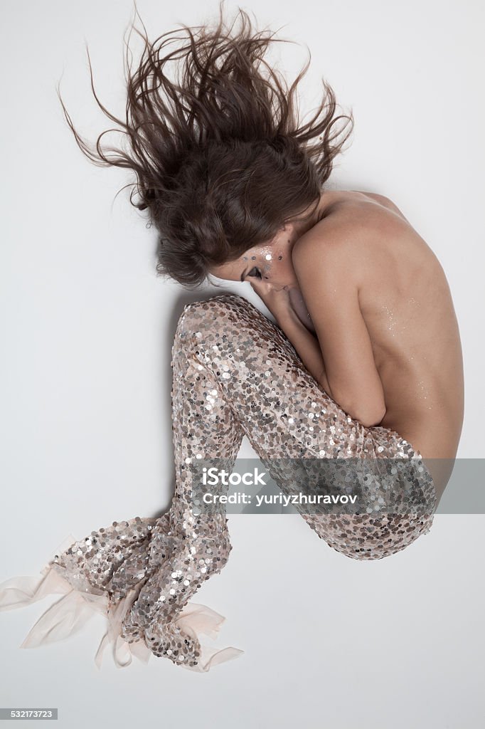 Fashion Fantasy Mermaid. Studio Shot. Gray Background. Mermaid Stock Photo