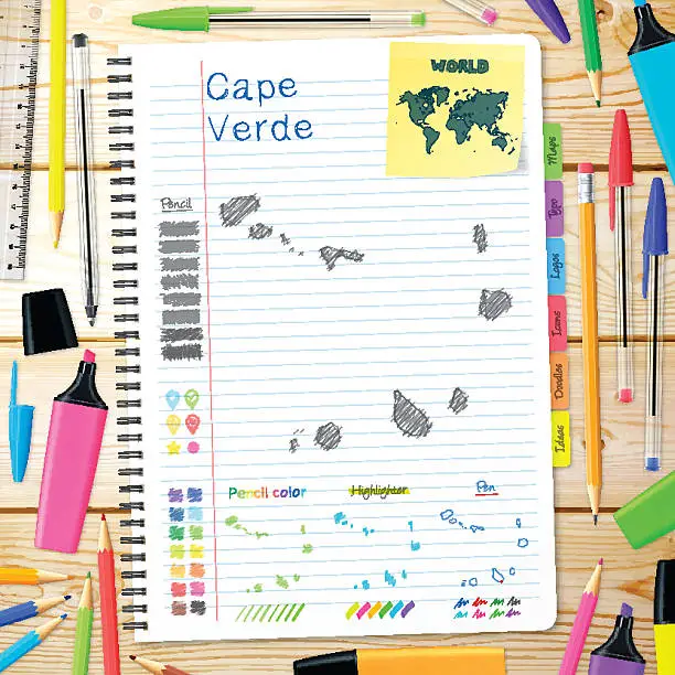 Vector illustration of Cape Verde maps hand drawn on notebook. Wooden Background