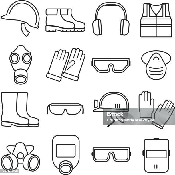 Linear Job Safety Equipment Vector Icons Set Stock Illustration - Download Image Now - Safety, Boot, Protective Workwear