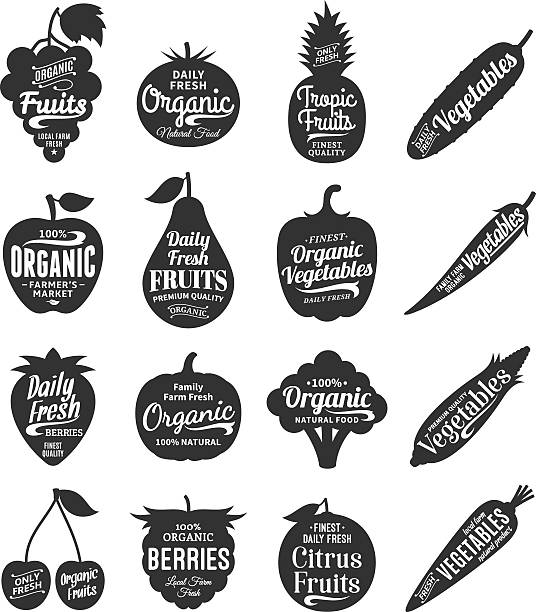 Fruits and Vegetables Labels, Icons and Design Elements Vector fruit and vegetables labels. Fruit and vegetables silhouettes with lettering. Fruits and vegetables icons for grocery, food shop, organic product label, packaging and advertising. Food labels design. label silhouettes stock illustrations