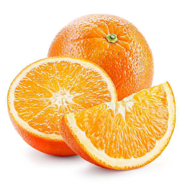 Orange fruit. Whole, half and a piece isolated on white.