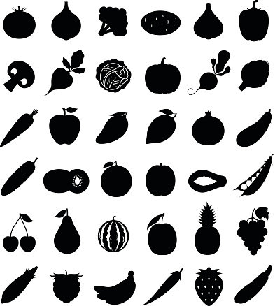 Vector vegetables and fruits flat icons set for grocery, food shop, organic product label, packaging and advertising.