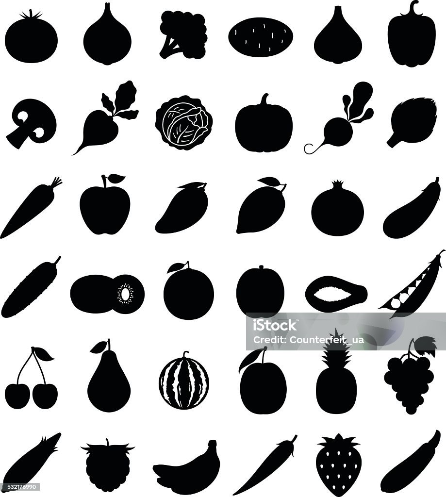 Vector Fruits and Vegetables Icons Isolated on White Vector vegetables and fruits flat icons set for grocery, food shop, organic product label, packaging and advertising. In Silhouette stock vector