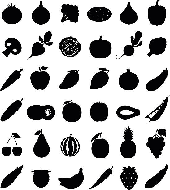 Vector Fruits and Vegetables Icons Isolated on White Vector vegetables and fruits flat icons set for grocery, food shop, organic product label, packaging and advertising. fruit silhouettes stock illustrations