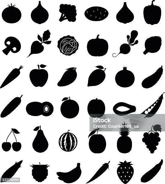 Vector Fruits And Vegetables Icons Isolated On White Stock Illustration - Download Image Now