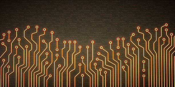 Abstract Circuit Lines Wallpaper An abstract composition of circuit connections on a dark background with hexadecimal code. parallel stock pictures, royalty-free photos & images