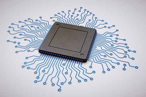 An abstract 3D render of a microprocessor with connected circuitry, isolated on a pure white surface.