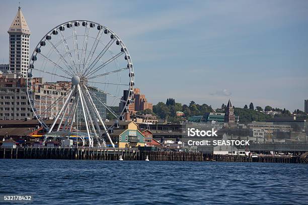 Seattle Waterfront District Features The Great Wheel Stock Photo - Download Image Now