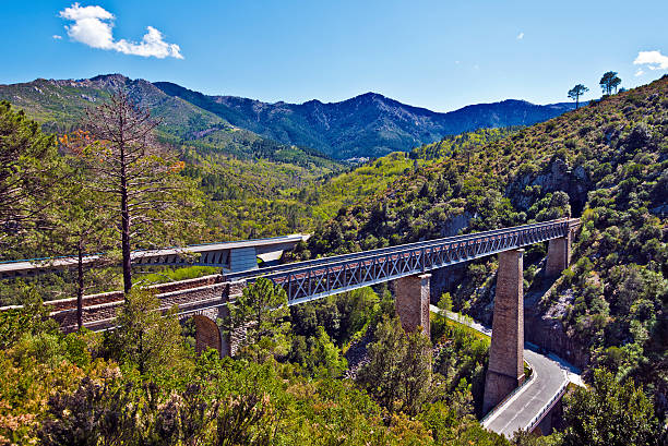 Railway and automobile roads immersed in nature in central Corsica Railway and automobile roads immersed in nature in central Corsica. Transport Ways cross Tavignano river and hide in tunnels mountains covered with forests of Natural Regional Park of Corsica are around vivario photos stock pictures, royalty-free photos & images