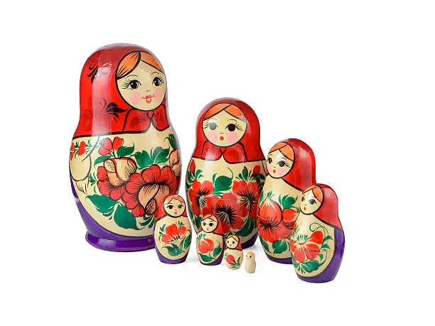 Russsian nested dolls set on a white background.