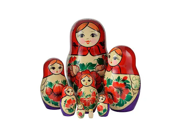 Russsian nested dolls set on a white background.