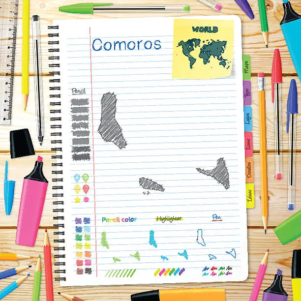 Vector illustration of Comoros maps hand drawn on notebook. Wooden Background