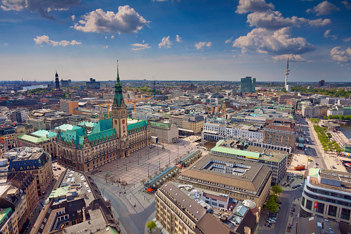 Aerial image of Hamburg, Germany during spring day.