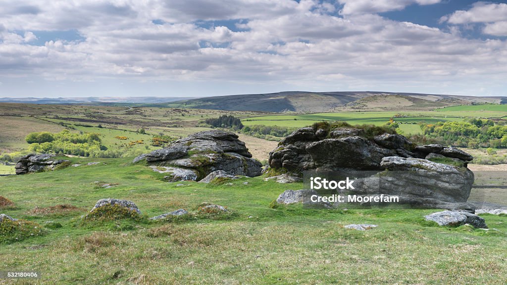 Dartmoor view from Haytor looking towards Princetown and Hamel down Taken on a sunny day in Spring on Dartmoor National Park in Devon, England from Saddle tor Dartmoor Stock Photo