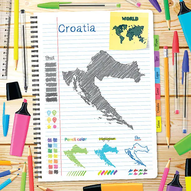 Vector illustration of Croatia maps hand drawn on notebook. Wooden Background