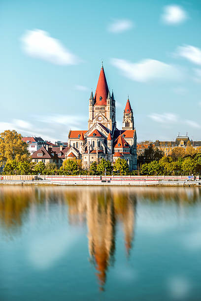 St. Francis of Assisi Church in Vienna St. Francis of Assisi Church with reflection on the water in Vienna vienna austria stock pictures, royalty-free photos & images