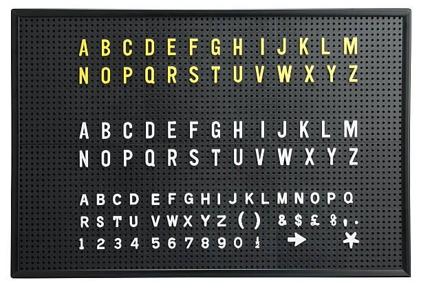 alphabet kunststoff-buchstaben auf schwarzen stecktafel schild isoliert auf weiß - pegboard stock-fotos und bilder