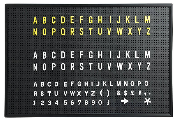 алфавит пластиковые письма на черном перфорированная плита подписать изолированного на белом - pegboard стоковые фото и изображения