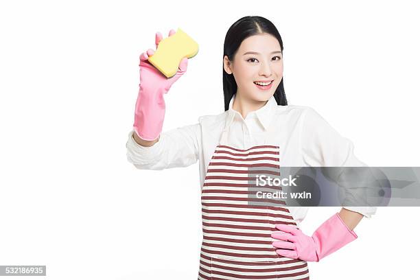 Young Woman Cleaning On White Stock Photo - Download Image Now - 2015, Adult, Adults Only