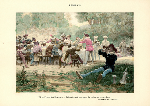 Vintage colour lithograph showing a scene from the works of Rabelais. The Discourse of the Drinkers. Then did they fall upon the chat of victuals and some belly furniture to be snatched at in the very same place. Which purpose was no sooner mentioned, but forthwith began flagons to go, gammons to trot, goblets to fly, great bowls to ting, glasses to ring. Gargantua and Pantagruel.