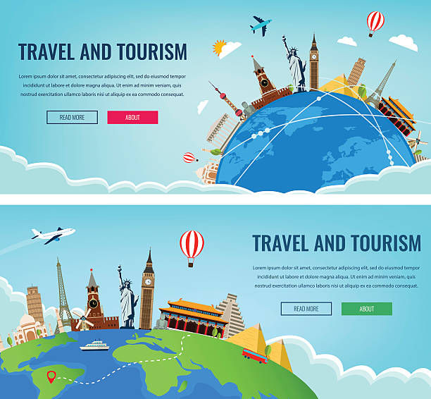 ilustraciones, imágenes clip art, dibujos animados e iconos de stock de viaje composición con famosas atracciones del mundo. viajes y turismo. - turismo vacaciones