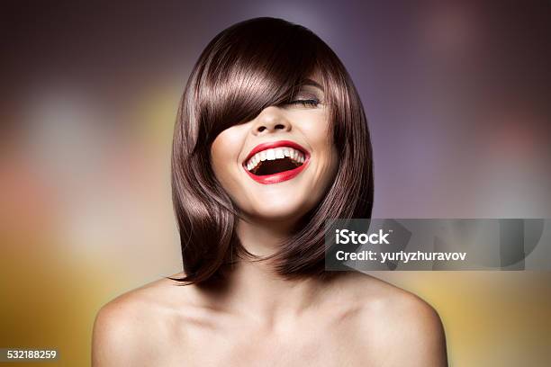 Smiling Beautiful Woman With Brown Short Hair Haircut Stock Photo - Download Image Now