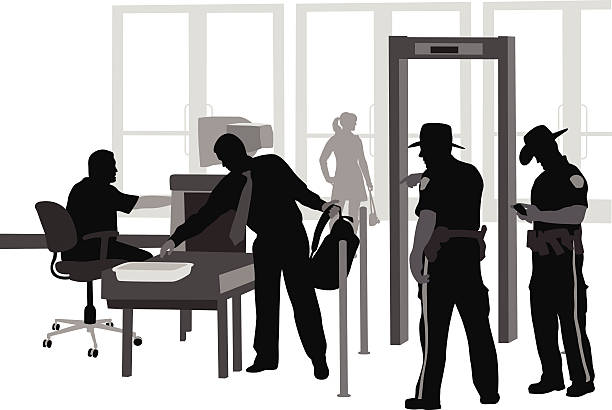 TightSecurity Police officers instruct a man at a safety checkpoint. metal detector security stock illustrations