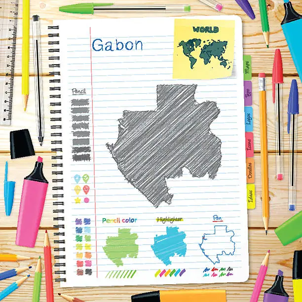 Vector illustration of Gabon maps hand drawn on notebook. Wooden Background