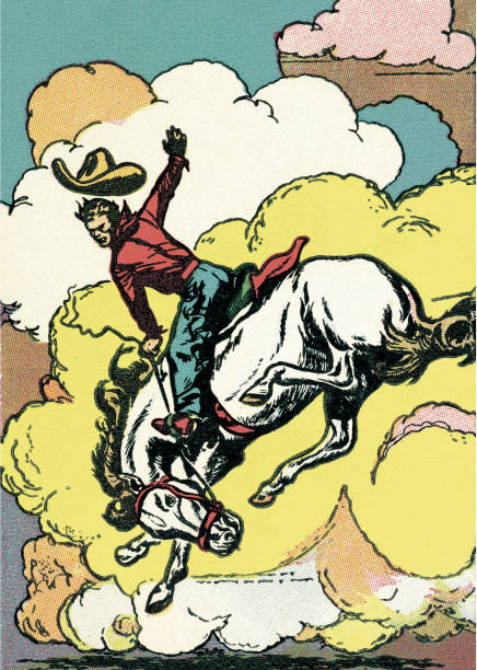 illustrazioni stock, clip art, cartoni animati e icone di tendenza di cowboy equitazione un monta di cavallo selvaggio - cowboy rodeo wild west bucking bronco