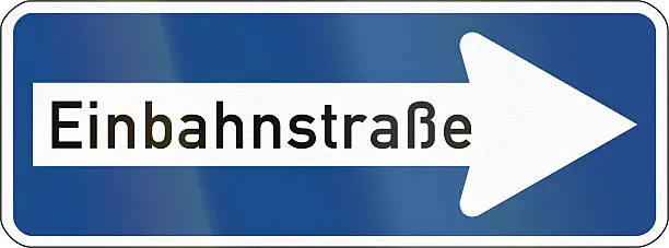 German traffic sign: Einbahnstrasse/One-way road, pointing to the right.