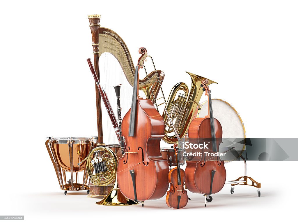 Orchestra musical instruments isolated on white 3D rendering Orchestra musical instruments isolated on white. 3d render Orchestra Stock Photo