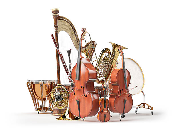Orchestra musical instruments isolated on white 3D rendering Orchestra musical instruments isolated on white. 3d render musical instrument stock pictures, royalty-free photos & images