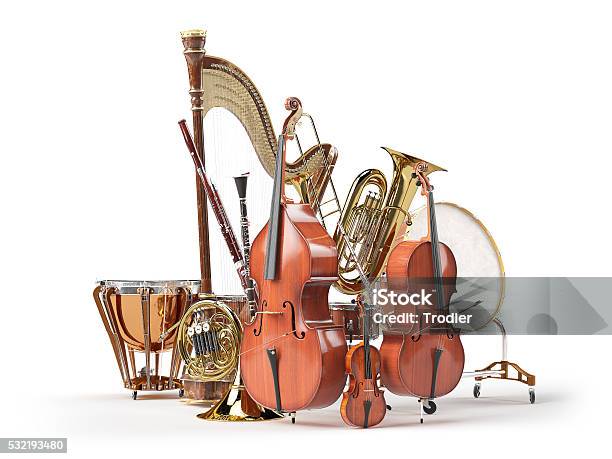 Orchestra Musical Instruments Isolated On White 3d Rendering Stock Photo - Download Image Now