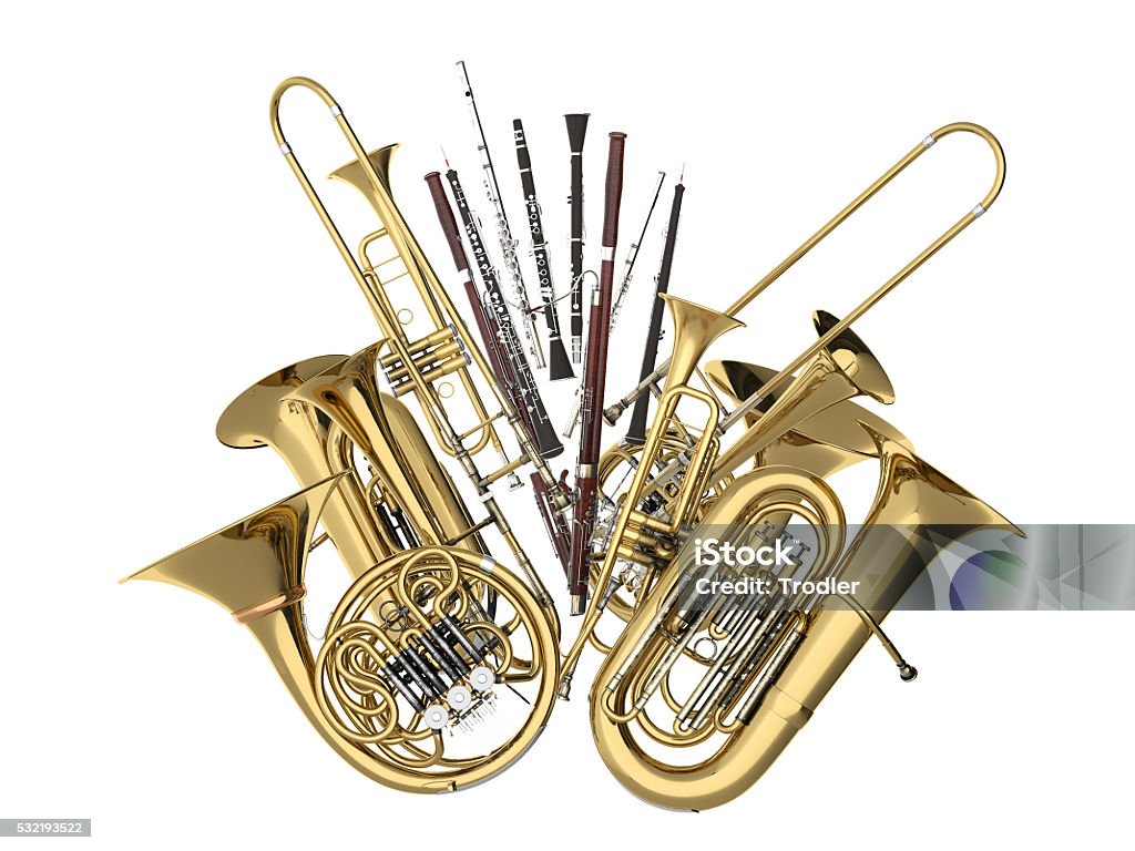 Wind musical instruments  on white 3D rendering Wind musical instruments  on white. 3d render Bassoon Stock Photo