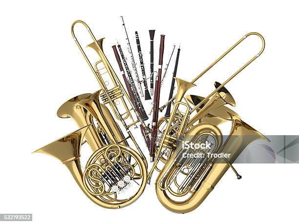 Wind Musical Instruments On White 3d Rendering Stock Photo - Download Image Now - Bassoon, Group Of Objects, Trombone