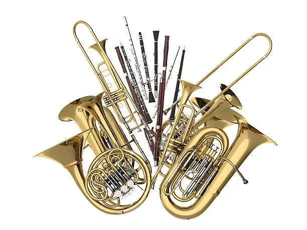 Wind musical instruments  on white. 3d render