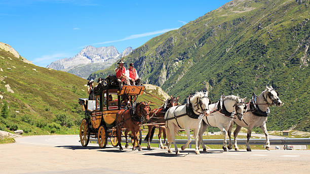 Stagecoach at St. Gotthard Alpine Pass Hospental, Switzerland - July 18, 2014:Horse-drawn carriage on the way from Andermatt to Airolo on the street Strada Vecchia up to the gathered pass. chariot photos stock pictures, royalty-free photos & images