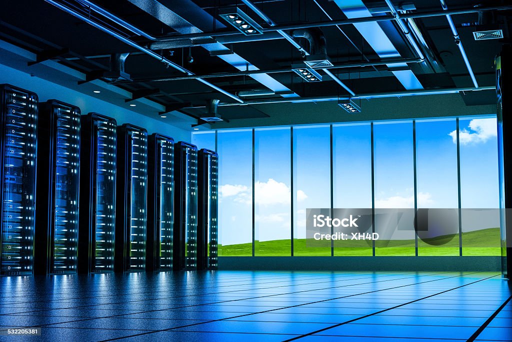 Data center cloud computing Data center in nature.network servers racks with light,3D physically rending high quality.the cloud image of the background,shoot in QinHai,China with myself. Data Center Stock Photo