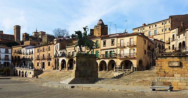Plaza Mayor. Trujillo, Caceres Equestrian statue of Francisco Pizarro at  Plaza Mayor. Trujillo, Caceres. Spain francisco pizarro stock pictures, royalty-free photos & images