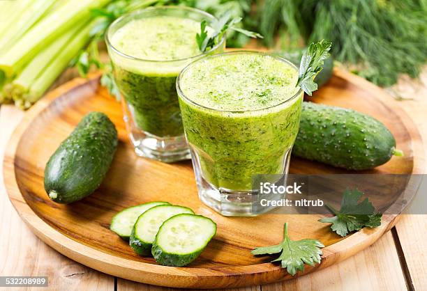 Glasses Of Green Vegetable Juice Stock Photo - Download Image Now - 2015, Celery, Cocktail