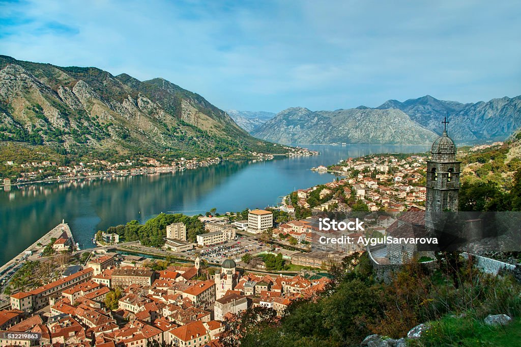 medieval church and city view of medieval church and city from fort walls, Kotor, Montenegro 2015 Stock Photo