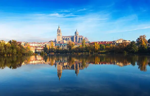 Salamanca with Tormes River and Cathedral. Castile and Leon, Spain