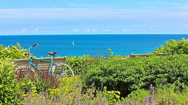 A summer afternoon view of a bicycle, park benches and flowers overlooking a lake with a sail boat toward the horizon.