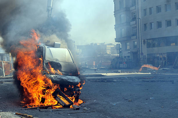 istock Burning van with large flames and black smoke 532226067