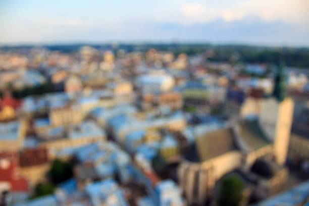 Defocused top view from Lviv City Hall of Ukraine, Europe. Blurred abstract background photo with bokeh effect.