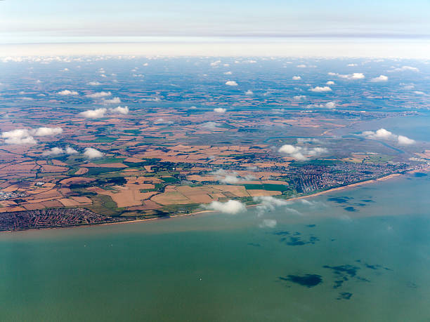 Essex Coast Clacton-on-Sea on the left and Frinton-on-Sea at the North Sea coast of Essex, England. clacton on sea stock pictures, royalty-free photos & images