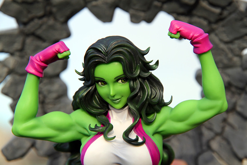Vancouver, Canada - March 5, 2016: A model of the Marvel character Jennifer Walters, also known as She Hulk. Walters is an attorney who was transformed into She Hulk after receiving a blood transfusion from her cousin, Bruce Banner. The model is from the Bishoujo collection from Kotobukiya