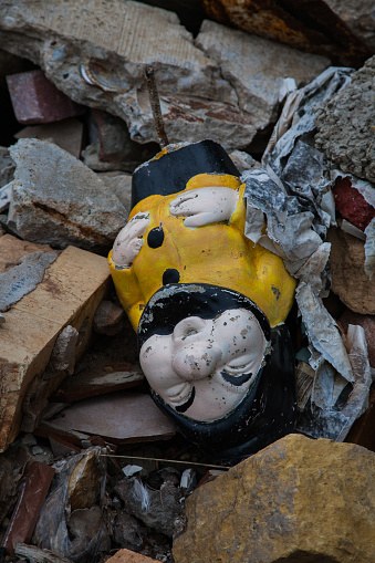 This scene captured the way it was actually found in a Local Wisconsin Town Dump. The cement Garden Gnome appears to be 
